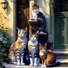 Four Cats Sitting on Steps with Lantern and Flowers at Twilight