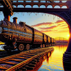 Vintage Train Crossing Bridge at Sunset with Vibrant Orange Reflections