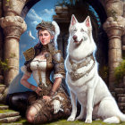 Steampunk woman with mechanical arm beside white wolf in fantasy scene