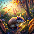 Glowing possum in twilight forest with autumn leaves & purple flowers