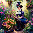 Victorian-styled woman in top hat surrounded by colorful flowers