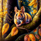 Illustration of cute mouse on branch with vibrant autumn leaves