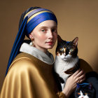 Woman in blue headscarf with calico cat and companion cat reinterpretation.