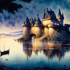 Castle illuminated at night with starry sky reflected on tranquil lake, small boat nearby