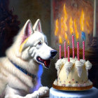 White Dog with Jewel-Studded Collar Observing Burning Cake and Flames