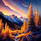 Scenic sunset over snowy mountains with golden larch trees by tranquil stream