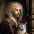 Long-haired man in period attire with cat against stone wall