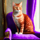 Orange Tabby Cat Sitting on Purple Velvet Chair with Ornate Wooden Accents