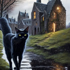 Striking green-eyed black cat on wet path near illuminated stone house