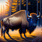 Majestic bison in vibrant autumn forest with golden foliage