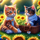 Adorable kittens in sunflower and butterfly garden scene