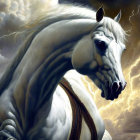 White Unicorn with Flowing Mane in Stormy Skies