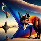 Surreal painting: Fox with elongated legs in desert with mirror image on rock spire