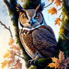 Majestic owl perched on tree with autumn leaves under bright sky