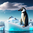 Penguin on Clear Blue Iceberg in Vast Ocean