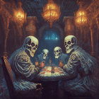 Skeletal figures in ornate robes playing cards in eerie forest setting