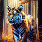 Majestic tiger in vibrant forest with sunlight filtering through trees