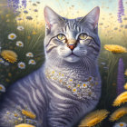 Tabby Cat Surrounded by Colorful Wildflowers in Sunlit Meadow