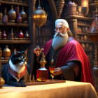 Elderly wizard with white beard and black cat in potion-filled room