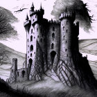 Monochromatic gothic castle drawing with eerie scenery