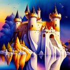 Majestic castle with spires, colorful trees, purple sky, and flying birds