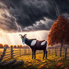 Goat in field with broken fence under stormy sky and lightning bolts.