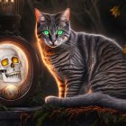 Tabby Cat with Skull in Moonlit Spooky Setting