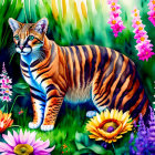 Colorful Tiger Illustration in Lush Garden