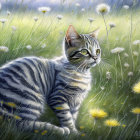 Striped gray tabby cat in dandelion field under sunlight