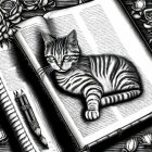 Sketch of striped cat on open book with roses and pencil nearby