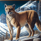 Muscular cougar on rocky ledge with snowy mountain landscape