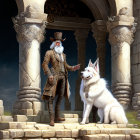 Man in ornate 17th-century attire with top hat standing beside majestic white dog in ancient stone