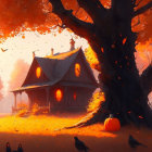 Autumn landscape with tree, leaves, house, pumpkins, crows under sunset