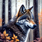 Detailed Wolf Illustration in Snowy Autumn Forest with Dense, Patterned Fur