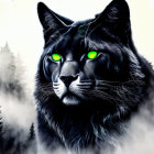 Black Lynx with Glowing Green Eyes in Misty Forest