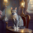 Regal Tabby Cat with Gold Necklace on Red Velvet Chair