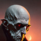 Bald-headed creature with red eyes on moody backdrop