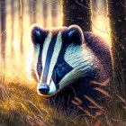 European Badger with Black and White Facial Stripes in Sunlit Forest