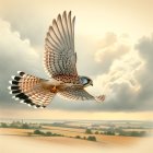 Kestrel Soaring Over Cloudy Pastoral Landscape