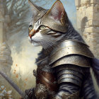 Detailed Medieval Armor Cat Illustration with Ancient Architecture
