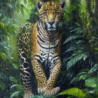 Spotted jaguar in lush rainforest setting