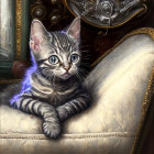 Blue-eyed striped kitten on fancy cushion with steampunk gears.