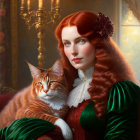 Red-haired woman in green dress with orange cat by window in luxurious setting