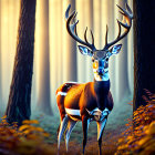 Majestic deer with prominent antlers in sunlit forest