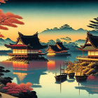 Japanese Traditional Buildings by Tranquil Lake with Cherry Blossoms, Boats, & Mountains at Sunrise/S