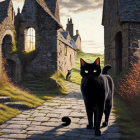 Black Cat with Luminous Eyes Walking on Cobblestone Path