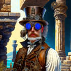 Steampunk-themed person in Victorian attire with goggles and top hat standing by ancient pillars under blue sky