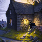 Black Cat Outside Stone Cottage in Twilight Landscape