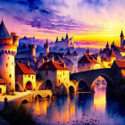 Medieval castle town painting with colorful sunset reflections