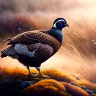 Colorful Ring-Necked Pheasant in Field with Golden Light